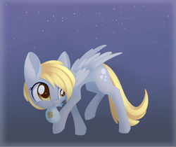Size: 843x707 | Tagged: safe, artist:dusthiel, character:derpy hooves, species:pegasus, species:pony, newbie artist training grounds, atg 2020, bag, blue background, cheek fluff, cookie, cookie thief, cute, derpabetes, female, food, leg fluff, mare, mouth hold, simple background, solo