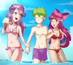 Size: 2164x1920 | Tagged: safe, alternate version, artist:thebrokencog, character:apple bloom, character:spike, character:sweetie belle, species:human, ship:spikebelle, ship:spikebloom, anime, belly button, bikini, clothing, commission, female, food, humanized, ice cream, male, shipping, spike gets all the mares, straight, swimsuit, water