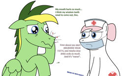Size: 1280x798 | Tagged: safe, artist:didgereethebrony, character:nurse redheart, oc, oc:didgeree, species:earth pony, species:pegasus, species:pony, face mask, implied minuette, pain, simple background, toothache, transparent background