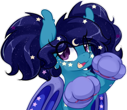 Size: 910x794 | Tagged: safe, artist:loyaldis, oc, oc only, oc:eclipsa, species:bat pony, adorable face, bat wings, cat paws, chest fluff, cute, ear fluff, fangs, female, moon, ocbetes, open mouth, paws, pigtails, ponytail, simple background, smiling, solo, stars, transparent background, wings