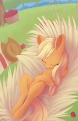 Size: 992x1537 | Tagged: safe, artist:dusthiel, character:applejack, species:earth pony, species:pony, apple, clothing, cowboy hat, cute, digital art, eyes closed, female, food, hammock, hat, jackabetes, mare, on back, resting, sleeping, smiling, solo, stetson, tree