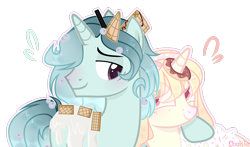 Size: 3197x1876 | Tagged: safe, artist:lazuli, oc, oc only, species:pony, species:unicorn, cookie, donut, duo, eye clipping through hair, female, food, horn, horn impalement, male, mare, side hug, simple background, smiling, solo, stallion, transparent background, unicorn oc