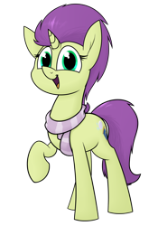 Size: 1366x1954 | Tagged: safe, artist:moonatik, oc, oc only, oc:sky spark, species:pony, species:unicorn, clothing, commission, female, horn, looking at you, mare, raised hoof, scarf, simple background, smiling, solo, transparent background, unicorn oc