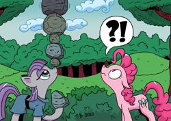 Size: 1280x906 | Tagged: safe, artist:pony-berserker, character:maud pie, character:pinkie pie, species:earth pony, species:pony, balancing, confused, dialogue, exclamation point, female, floppy ears, forest, frown, hoof hold, i can't believe it's not idw, interrobang, lidded eyes, looking up, mare, nose wrinkle, ponies balancing stuff on their nose, question mark, rock, shocked, speech bubble, wide eyes