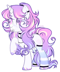 Size: 2240x2677 | Tagged: safe, artist:lazuli, oc, oc only, species:pony, species:unicorn, clothing, ear piercing, earring, hoof polish, horn, jewelry, looking up, piercing, raised hoof, simple background, smiling, socks, solo, striped socks, transparent background, unicorn oc