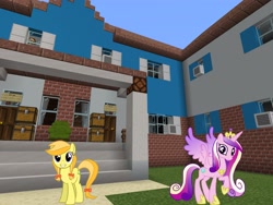 Size: 2048x1536 | Tagged: safe, artist:daringdashie, artist:topsangtheman, character:jonagold, character:princess cadance, species:alicorn, species:earth pony, species:pony, apple family member, house, looking at you, minecraft