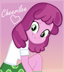 Size: 1728x1938 | Tagged: safe, artist:grapefruitface1, base used, character:cheerilee, my little pony:equestria girls, cheeribetes, clothing, cute, female, freckles, happy, kneeling, looking back, pinup, smiling, solo