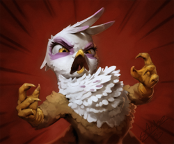 Size: 1080x900 | Tagged: safe, artist:assasinmonkey, character:gilda, species:griffon, episode:griffon the brush-off, g4, my little pony: friendship is magic, angry, chest fluff, female, open mouth, puffed chest, red background, scene interpretation, simple background, solo