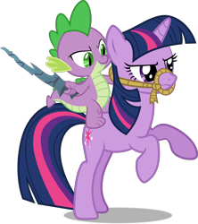 Size: 2069x2326 | Tagged: safe, artist:frownfactory, character:spike, character:twilight sparkle, character:twilight sparkle (unicorn), species:dragon, species:pony, species:unicorn, episode:a dog and pony show, g4, my little pony: friendship is magic, .svg available, dragons riding ponies, duo, female, horses doing horse things, male, mare, rearing, reins, riding, simple background, svg, transparent background, vector