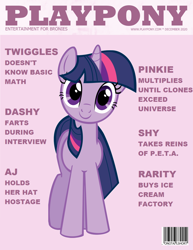 Size: 1024x1324 | Tagged: safe, artist:kittyhawk-contrail, artist:longtailshort, edit, character:applejack, character:fluttershy, character:pinkie pie, character:rainbow dash, character:rarity, character:twilight sparkle, female, implied applejack, implied fluttershy, implied pinkie pie, implied rainbow dash, implied rarity, looking at you, magazine, mane six, playboy, playpony, solo, tabloid