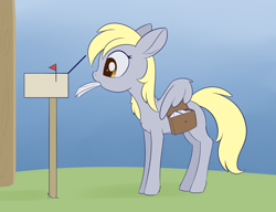 Size: 1764x1352 | Tagged: safe, artist:dusthiel, character:derpy hooves, species:pegasus, species:pony, newbie artist training grounds, atg 2020, female, mail, mailbag, mailbox, mare, mouth hold, solo, wing hands, wings