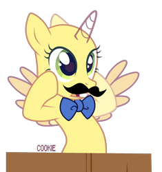 Size: 1616x1718 | Tagged: safe, artist:lazuli, oc, oc only, species:alicorn, species:pony, alicorn oc, bald, base, bow tie, bust, eyelashes, fake moustache, horn, open mouth, simple background, solo, transparent background, wide eyes, wings