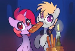 Size: 2176x1500 | Tagged: safe, artist:dawnfire, oc, oc only, oc:cookie malou, oc:dawnfire, species:earth pony, species:pony, species:unicorn, baguette, bread, breadsticks, cute, female, food, headphones, lady and the tramp, mare