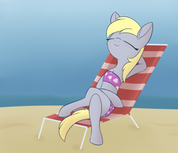 Size: 1665x1431 | Tagged: safe, artist:dusthiel, character:derpy hooves, species:pony, newbie artist training grounds, atg 2020, beach, beach chair, bikini, clothing, cute, derpabetes, eyes closed, female, mare, outdoors, reclining, solo, swimsuit, water