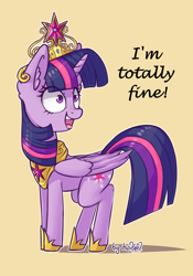 Size: 716x1024 | Tagged: safe, artist:dsp2003, edit, character:twilight sparkle, character:twilight sparkle (alicorn), species:alicorn, species:pony, big crown thingy, blatant lies, dialogue, ear fluff, element of magic, female, folded wings, hoof shoes, jewelry, looking back, mare, obvious lie is obvious, open mouth, peytral, regalia, solo, twilynanas, wide eyes, wings