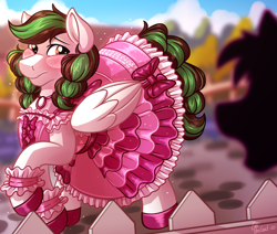 Size: 2868x2436 | Tagged: safe, artist:sugaryviolet, oc, oc only, oc:kibbie, species:pegasus, species:pony, blushing, clothing, commission, crossdressing, dress, fence, male, raised hoof, silhouette, solo focus, walking, wavy mouth