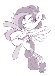 Size: 2490x3437 | Tagged: safe, artist:jessy, character:kerfuffle, species:pegasus, species:pony, friendship is magic: rainbow roadtrip, g4, my little pony: friendship is magic, amputee, cute, female, flying, fufflebetes, high res, mare, monochrome, one eye closed, pincushion, prosthetics, simple background, smiling, solo, spread wings, white background, wings, wink