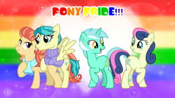 Size: 1280x719 | Tagged: safe, artist:andoanimalia, artist:cheezedoodle96, edit, character:aunt holiday, character:auntie lofty, character:bon bon, character:lyra heartstrings, character:sweetie drops, ship:lofty day, ship:lyrabon, female, gay pride flag, heart, lesbian, lgbtq, pride flag, pride month, shipping, vector, vector edit