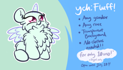 Size: 3458x1963 | Tagged: safe, artist:kimjoman, species:pegasus, species:pony, species:unicorn, chest fluff, commission, cute, fluffy, impossibly large chest fluff, looking up, sitting, solo, spread wings, wings, ych sketch, your character here