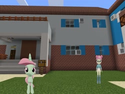Size: 2048x1536 | Tagged: safe, artist:topsangtheman, character:majorette, character:minty bubblegum, character:sweeten sour, species:pony, species:unicorn, my little pony:equestria girls, 3d, house, looking at you, majorette, minecraft, photoshopped into minecraft, source filmmaker, sweeten sour