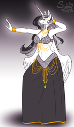 Size: 703x1200 | Tagged: source needed, useless source url, safe, artist:sunny way, patreon reward, character:princess celestia, species:alicorn, species:anthro, species:pony, belly, belly dance, belly dancer, black and white, clothing, dress, female, grayscale, horn, mare, monochrome, patreon, sketch, smiling, wings