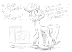 Size: 2000x1460 | Tagged: safe, artist:flutterthrash, character:bon bon, character:lyra heartstrings, character:sweetie drops, species:pony, species:unicorn, newbie artist training grounds, atg 2020, black and white, dialogue, female, grayscale, guitar, mare, monochrome, musical instrument, offscreen character, simple background, solo, traditional art, white background
