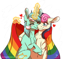 Size: 900x836 | Tagged: safe, artist:inuhoshi-to-darkpen, character:bon bon, character:lyra heartstrings, character:sweetie drops, species:earth pony, species:pony, species:unicorn, ship:lyrabon, blushing, canon ship, cute, eyes closed, female, flag, floating heart, gay pride flag, heart, kiss on the cheek, kissing, lesbian, married couple, pride, pride flag, pride month, rainbow, shipping, simple background, transparent background