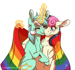 Size: 1272x1181 | Tagged: safe, alternate version, artist:inuhoshi-to-darkpen, character:bon bon, character:lyra heartstrings, character:sweetie drops, species:earth pony, species:pony, species:unicorn, ship:lyrabon, adorabon, blushing, canon ship, cute, eyes closed, female, flag, gay pride flag, kiss on the cheek, kissing, lesbian, lyrabetes, married couple, pride, pride flag, pride month, rainbow, shipping, simple background, transparent background