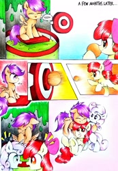 Size: 2219x3207 | Tagged: safe, artist:liaaqila, character:apple bloom, character:scootaloo, character:sweetie belle, species:pegasus, species:pony, comic:fly high scoots, adorabloom, comic, cute, cutealoo, cutie mark crusaders, diasweetes, dunk tank, flying, group hug, hug, scootaloo can fly, scootalove, silly face, slime, teasing, tongue out