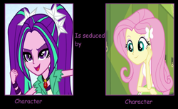 Size: 1115x683 | Tagged: safe, artist:themexicanpunisher, edit, edited screencap, screencap, character:aria blaze, character:fluttershy, ship:ariashy, equestria girls:equestria girls, equestria girls:rainbow rocks, g4, my little pony: equestria girls, my little pony:equestria girls, black background, female, lesbian, meme, seduction, shipping, simple background, text