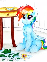 Size: 2322x3061 | Tagged: safe, artist:liaaqila, character:rainbow dash, species:pegasus, species:pony, bad pony, behaving like a cat, broken vase, chest fluff, cute, dashabetes, feather, female, flower, flower pot, pure unfiltered evil, sitting, solo, sparkles, traditional art