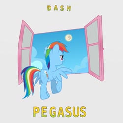 Size: 1280x1280 | Tagged: safe, artist:grapefruitface1, character:rainbow dash, species:pegasus, species:pony, 80s, album cover, female, genesis, mare in the moon, moon, parody, ponified, ponified album cover, solo, window