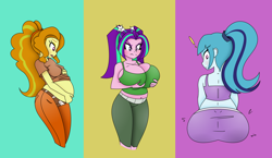 Size: 2876x1668 | Tagged: safe, artist:funble, artist:pacificside18, character:adagio dazzle, character:aria blaze, character:sonata dusk, my little pony:equestria girls, ass, belly, belly button, belt, big belly, big breasts, breasts, busty aria blaze, butt, cleavage, clothing, disguise, disguised siren, female, grope, hairband, holding belly, huge breasts, large butt, looking back, looking down, pants, pregnant, pregnant equestria girls, self grope, shirt, sonata donk, t-shirt, tank top, the dazzlings