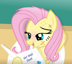 Size: 954x854 | Tagged: safe, artist:grapefruitface1, base used, character:fluttershy, species:pegasus, species:pony, bed, card, female, get well card, get well soon, hospital, pillow, solo