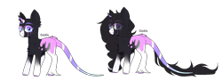 Size: 1218x441 | Tagged: safe, artist:lazuli, oc, oc only, species:classical unicorn, species:pony, species:unicorn, bald, chest fluff, cloven hooves, duo, ear fluff, eye clipping through hair, female, fluffy, horn, leonine tail, looking at you, makeup, mare, running makeup, shoulder fluff, simple background, smiling, tail fluff, transparent background, unicorn oc, unshorn fetlocks