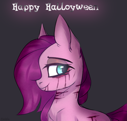 Size: 663x633 | Tagged: safe, artist:lazuli, character:pinkamena diane pie, character:pinkie pie, species:earth pony, species:pony, bust, dark background, eyelashes, female, happy halloween, makeup, mare, scar, smiling, solo