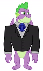 Size: 1280x2102 | Tagged: safe, artist:disneymarvel96, artist:memnoch, edit, character:spike, species:dragon, bow tie, clothing, gigachad spike, male, older, older spike, ribbon, simple background, solo, string tie, suit, tuxedo, vector, vector edit, winged spike