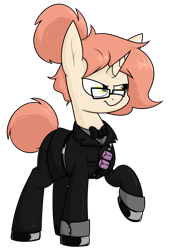 Size: 1305x1930 | Tagged: safe, artist:moonatik, oc, oc only, species:pony, species:unicorn, fallout equestria, belt, bow tie, clothing, commission, female, glasses, glitter bomb, gloves, latex, latex boots, latex gloves, mare, ministry of morale, raised hoof, shirt, simple background, solo, transparent background, uniform