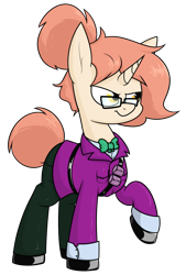 Size: 1305x1930 | Tagged: safe, artist:moonatik, oc, oc only, species:pony, species:unicorn, fallout equestria, belt, bow tie, clothing, commission, female, glasses, glitter bomb, gloves, latex, latex boots, latex gloves, mare, ministry of morale, raised hoof, shirt, simple background, solo, transparent background, uniform