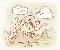 Size: 1200x1000 | Tagged: safe, artist:assasinmonkey, character:fluttershy, species:pegasus, species:pony, blushing, butterfly, chibi, cloud, cute, female, flower, hoof hold, mare, paintbrush, shyabetes, smiling, solo, tree, tree stump
