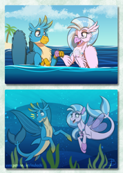 Size: 1533x2156 | Tagged: safe, artist:inuhoshi-to-darkpen, character:gallus, character:silverstream, species:griffon, species:hippogriff, species:seapony (g4), ship:gallstream, beakless, chest fluff, cute, diastreamies, ear fluff, female, gallabetes, male, open mouth, seaponified, seapony gallus, shark, shipping, species swap, straight, underwater, water, wing fluff