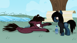 Size: 1920x1080 | Tagged: safe, artist:toyminator900, species:earth pony, species:pony, species:seapony (g4), bench, bone, bring me the horizon, clothing, colored pupils, commission, facial hair, fangs, fins, frown, glasgow smile, jewelry, jordan fish, long sleeves, looking down, necklace, oliver sykes, pond, reaching, scar, shirt, stitches, stranded, struggling, tattoo, this will end in death, torn ear, tree, undead, water bottle, zombie, zombie pony