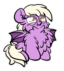 Size: 1777x1963 | Tagged: safe, artist:kimjoman, part of a set, oc, oc only, oc:pinkfull night, species:bat pony, species:pony, adorkable, bat pony oc, bat wings, chest fluff, cute, dork, fangs, female, fluffy, glasses, hoof fluff, impossibly large chest fluff, simple background, sitting, solo, spread wings, teenager, transparent background, wings