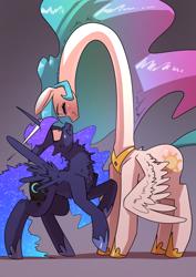 Size: 2480x3508 | Tagged: safe, artist:underpable, character:princess celestia, character:princess luna, species:alicorn, species:pony, g4, are you frustrated?, be advised, blushing, chest fluff, eyes closed, female, gray background, high res, jewelry, long neck, majestic as fuck, mare, meme, necc, neck fluff, nose wrinkle, princess necklestia, profile, raised hoof, regalia, royal sisters, scared, shocked, shrunken pupils, simple background, smuglestia, spread wings, sweat, wat, wavy mouth, what has science done, wide eyes, wing fluff, wings