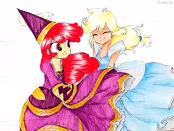 Size: 3096x2322 | Tagged: safe, artist:liaaqila, character:apple bloom, character:applejack, episode:for whom the sweetie belle toils, my little pony:equestria girls, cinderella, clothing, commission, cosplay, costume, disney, disney princess, dress, ear piercing, earring, gown, hennin, jewelry, piercing, wind, windswept hair
