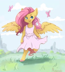 Size: 2406x2638 | Tagged: safe, artist:miokomata, character:fluttershy, butterfly, chest fluff, clothing, cloud, colored hooves, cute, dress, ear fluff, female, high res, open mouth, semi-anthro, shyabetes, solo