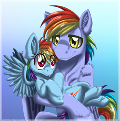 Size: 900x902 | Tagged: safe, artist:inuhoshi-to-darkpen, character:rainbow blaze, character:rainbow dash, species:pegasus, species:pony, episode:games ponies play, g4, my little pony: friendship is magic, blue background, father and daughter, female, filly, filly rainbow dash, gradient background, male, simple background, unshorn fetlocks, younger