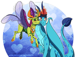 Size: 1904x1436 | Tagged: safe, artist:inuhoshi-to-darkpen, character:princess ember, character:thorax, species:changeling, species:dragon, species:reformed changeling, blushing, digital art, dragon lord ember, dragoness, embrax, exoskeleton, eyes closed, female, lidded eyes, male, nuzzling, shipping, simple background, smiling, straight, transparent background