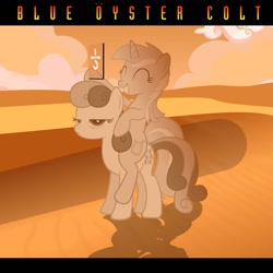 Size: 1280x1280 | Tagged: safe, artist:grapefruitface1, character:bon bon, character:lyra heartstrings, character:sweetie drops, species:pony, album cover, blue oyster cult, desert, mirror, parody, ponies riding ponies, ponified, ponified album cover, riding