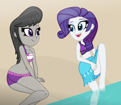 Size: 2483x2158 | Tagged: safe, artist:grapefruitface1, base used, character:octavia melody, character:rarity, my little pony:equestria girls, beach, clothing, duo, feet, female, lesbian, looking at each other, raritavia, seaside, shipping, swimsuit, water